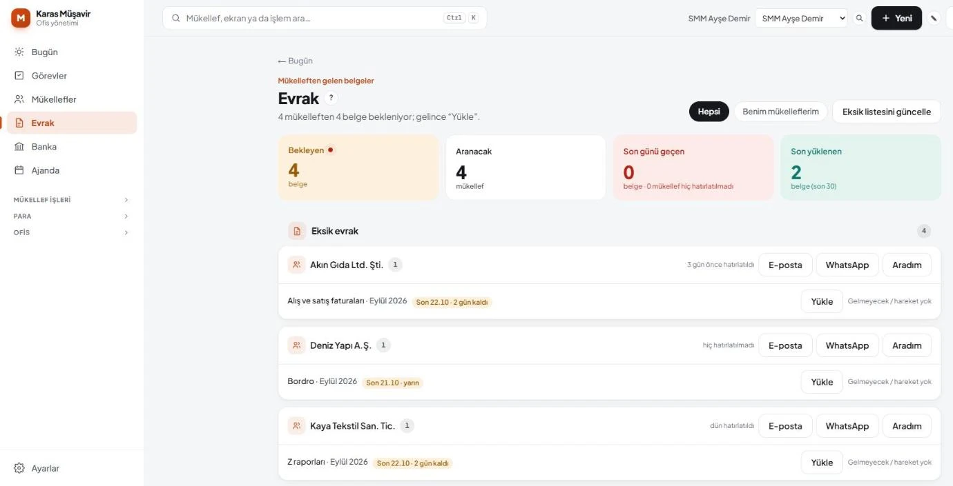 Evrak — eksik evrak listesi ve hatırlatma