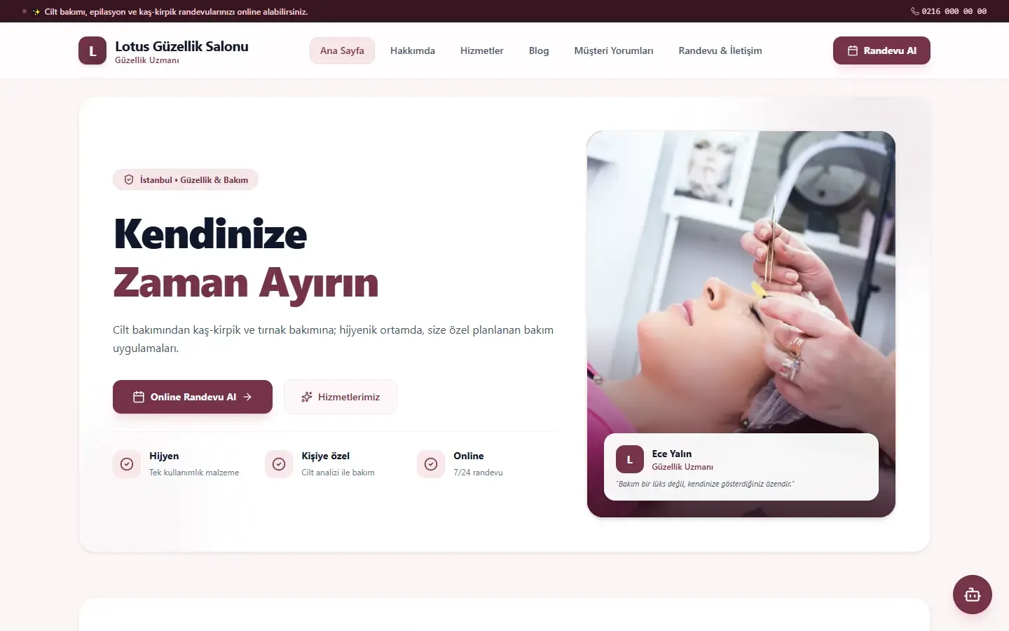 Güzellik Salonu için örnek web sitesinin anasayfası
