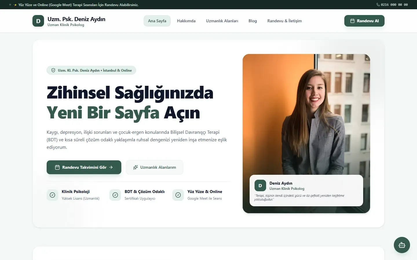 Psikolog için örnek web sitesinin anasayfası