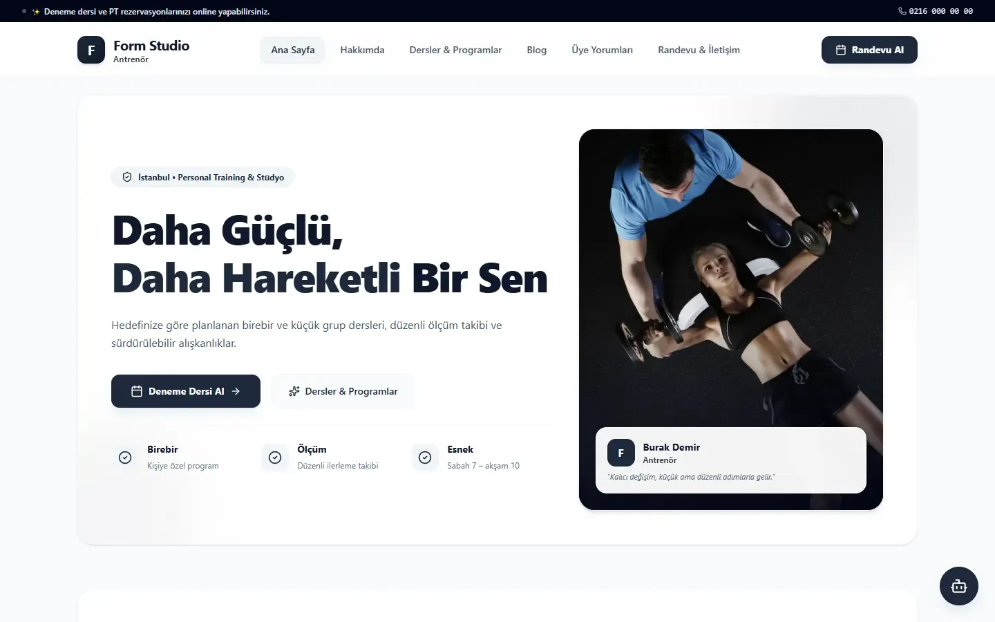 Spor Salonu için örnek web sitesinin anasayfası